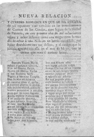 NUEVA RELACION y curioso romance en que se da cuenta de un espantoso caso sucedido en las inmediaciones de Carrión de los Condes...