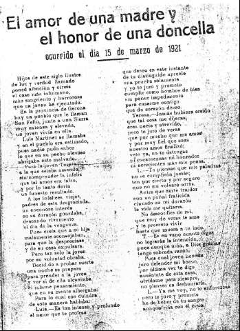 El amor de una madre y el honor de una doncella.Ocurrido el día 15 de marzo de 1921