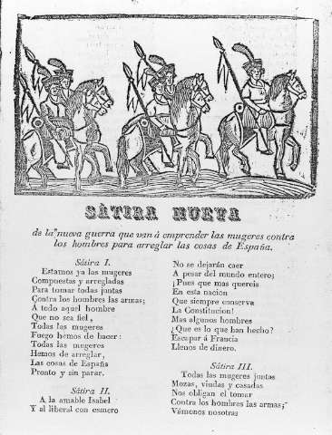 SATIRA NUEVA de la nueva guerra que van a emprender las mugeres contra los hombres para arreglar las cosas de España