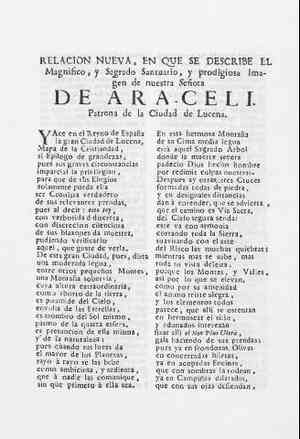 RELACION NUEVA,EN QUE SE DESCRIBE EL Magnífico y Sagrado Santuario y prodigiosa imagen de nuestra Señora DE ARACELI,patrona de la ciudad de Lucena