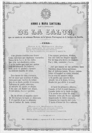HIMNO A MARÍA SANTÍSIMA BAJO LA ADVOCACIÓN DE LA SALUD, que se canta en su solemne Novena en la Iglesia parroquial de S. Isidoro de Sevilla