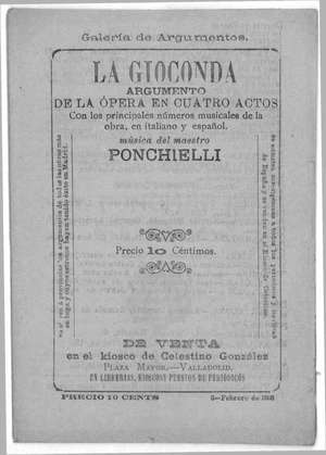 LA GIOCONDA ARGUMENTO DE LA ÓPERA EN CUATRO ACTOS con los principales números de la obra en italiano y español