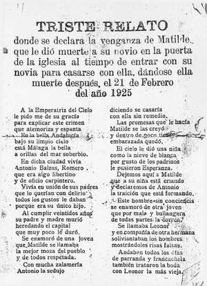 TRISTE RELATO donde se declara la venganza de Matilde, que le dió muerte a su novio en la puerta de la Iglesia al tiempo de entrar con su novia para casarse con ella, dándose ella muerte después, el 21 de Febrero del año 1925