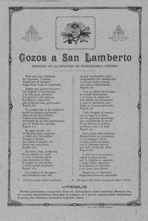 Gozos a San Lamberto PATRONO DE LA JUVENTUD DE MOSQUERUELA (TERUEL)