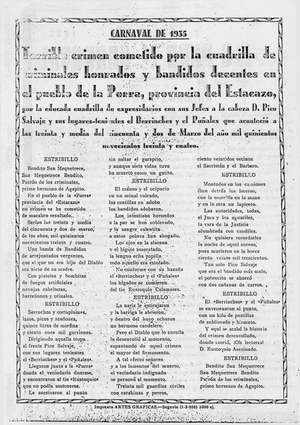 Horrible crimen cometido por la cuadrilla de criminales honrados y bandidos decentes en el pueblo de la Porra, provincia del Estacazo, por la educada cuadrilla de expresidiarios con sus Jefes a la cabeza D.Pico Salvaje, y sus lugares-tenientes el Berrinches y el Puñales que aconteció a las treinta y media del zincuenta y dos de Marzo del año mil quinientos novecientos treinta y cuatro
