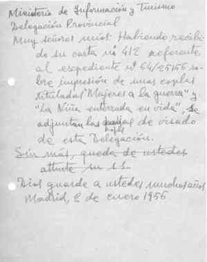 CARTA A LA DELEGACIÓN PROVINCIAL DEL MINISTERIO DE INFORMACIÓN Y TURISMO