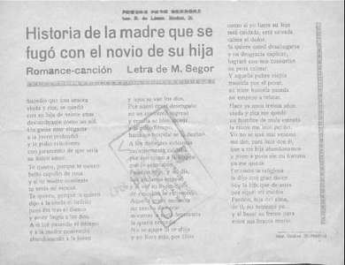 Historia de la madre que se fugó con el novio de su hija. Romance-canción