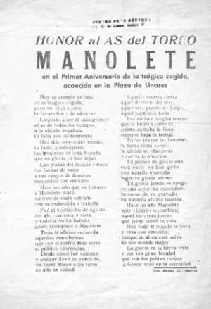 HONOR al AS del TOREO MANOLETE en el Primer Aniversario de la trágica cogida, acaecida en la Plaza de Linares
