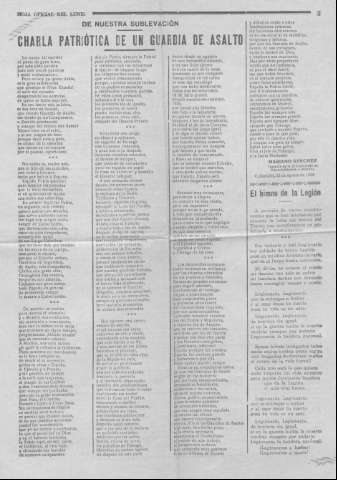 HOJA OFICIAL DEL LUNES: en él se incluyen además de noticias LA CHARLA PATRIÓTICA DE UN GUARDIA DE ASALTO  y   EL HIMNO DE LA LEGIÓN