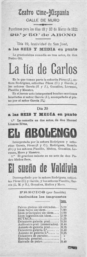Teatro-Cine Hispania. LA TÍA DE CARLOS