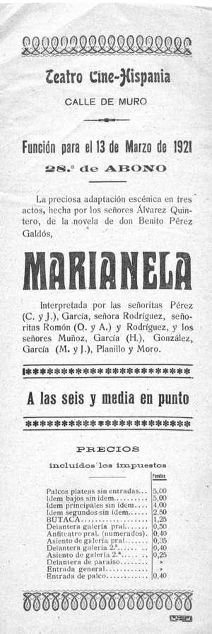 Teatro-Cine Hispania. MARIANELA
