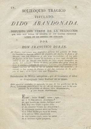 Soliloquio trágico titulado Dido Abandonada. Dispuesto con versos de la traducción que hizo Don Tomás de Iriarte de los quatro primero libros de la Eneyda de Virgilio
