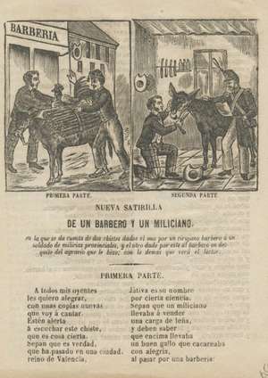 Nueva sátirilla de un barbero y un miliciano en la que se da cuenta de dos chistes dados el uno por un cirujano barbero a un soldado de milicias provinciales, y el otro dado por este al barbero en desquite del agravio que le hizo; con lo demás que verá el lector