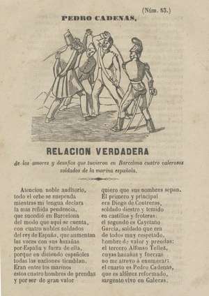 Pedro Cárdenas. Relación verdadera de los amores y desafíos que tuvieron en Barcelona cuatro valerosos soldados de la marina española (Núm. 53)