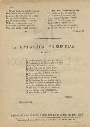 EL CANTOR DE LAS HERMOSAS. Trovas de amor dedicadas al bello sexo por unos aficionados. 151.- Los suspiros de amor, 152.- La risa, danza americana. 153.- A la vocación de inocencia, duo. 154.-A mi amada... en sus días, soneto