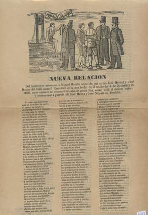 NUEVA RELACIÓN del horroroso asesinato a Miguel Morató cometido por su tío José Morató y José Mensa del Callá, mozo o carretero de la casa hecho en la noche del 8 de diciembre de 1860, cuyo cadáver se encontró al cabo de pocos días, como verá el curioso lector, y sentenciado a garrote vil. José Mensa y José Morató en Presidio