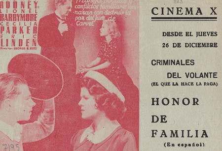 [Programa de mano de película]. Criminales del volante. (El que la hace la paga)  Honor de Familia.